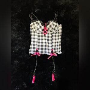 Intimates Black & White Checkered Corset with Pink Ribbon Details - Size 36B